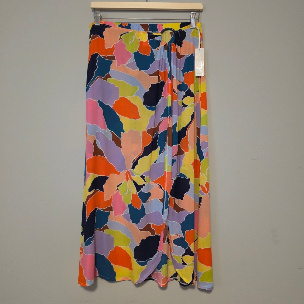 Anne Cole Abstract Floral Multi Color Wrap Maxi Skirt Ring Detail Size Medium